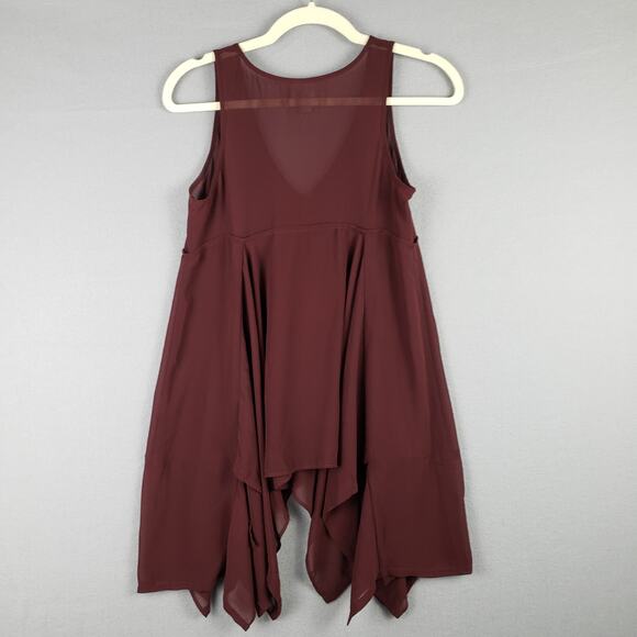 Lagenlook Asymmetrical Sheer Tunic Top Maroon Boho Flowy Romantic Women's XS - Picture 8 of 8